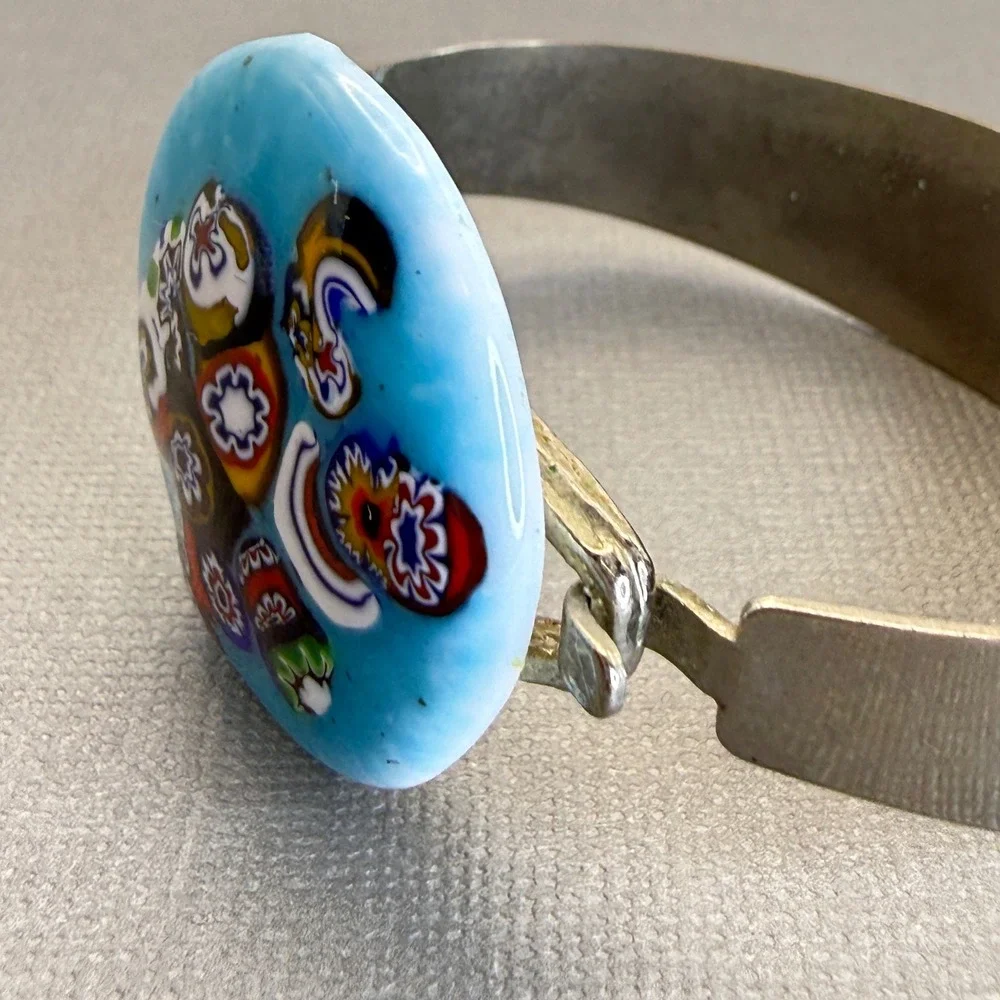 Vintage Millefiori Murano Glass Silver Tone‎ Cuff Bracelet Blue Floral Statement